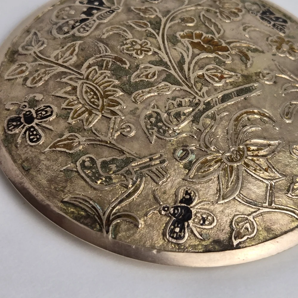Vintage MCM Brass Floral Etched Round Trinket Dish India